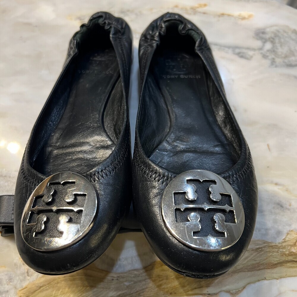 Tory Burch Reva Leather Black Silver Logo Ballet Flats Shoe Women's 6.5 - Picture 4 of 16